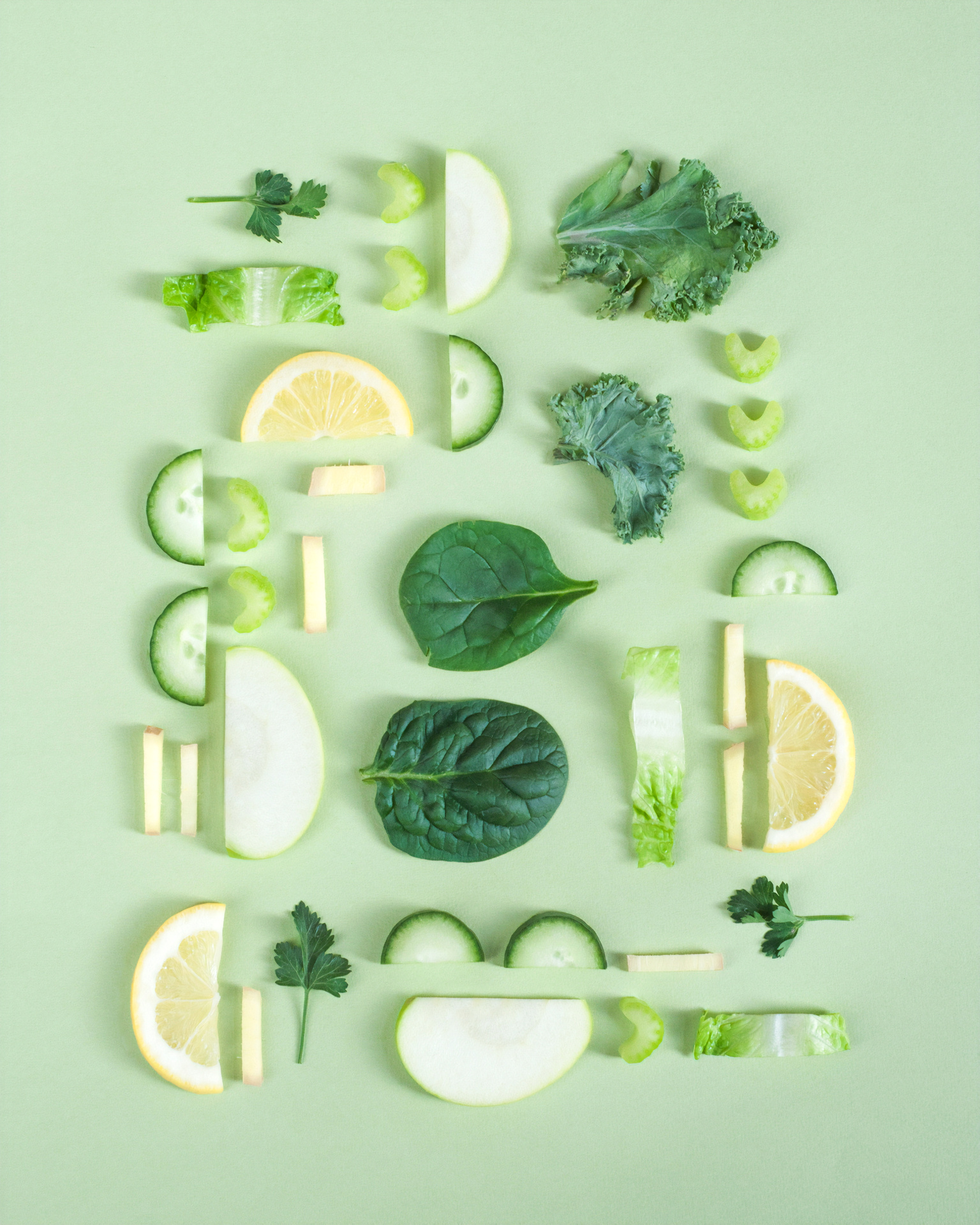 Green Fruits and Veggies on Green Background
